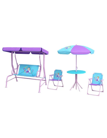 Outsunny 4PCs Kids Garden Furniture Set w/ 2 Seater Garden Swing Chair with Adjustable Canopy, Childrens Table and Chair Set wit