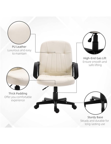 HOMCOM Office Chair, PU Leather Computer Desk Chair with Adjustable Height, Swivel Wheels for Home Office Work Study, Cream Whit