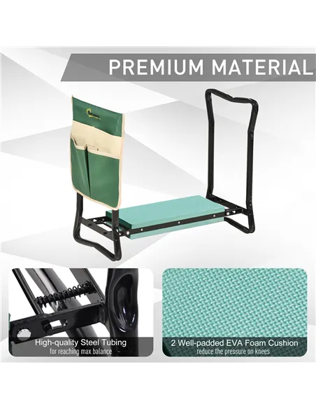 Outsunny Steel Frame Padded Garden Kneeler, with Tool Bag - Green