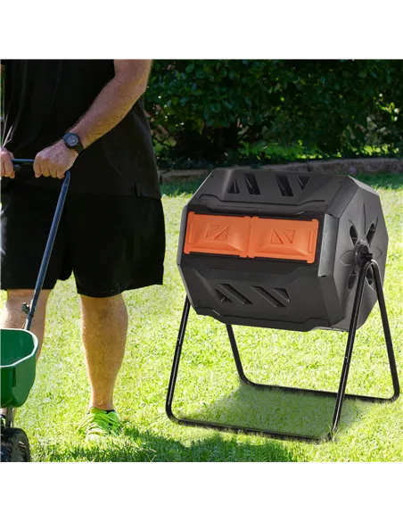 Outsunny 160L 360° Rotating Dual Chamber Composter - Orange
