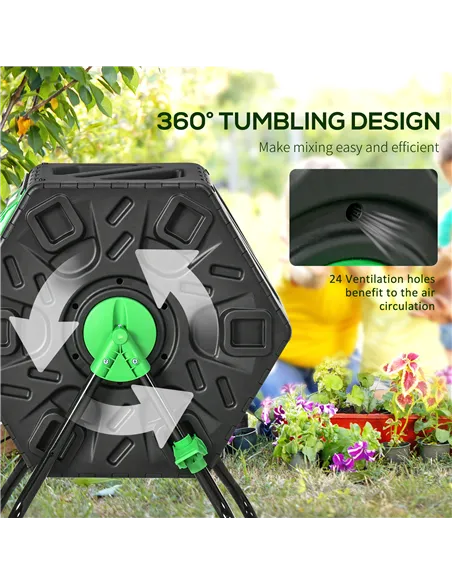 Outsunny 65L Garden Compost Bin, Single Chamber Rotating Composter, Compost Maker with 24 Ventilation Openings and Steel Legs
