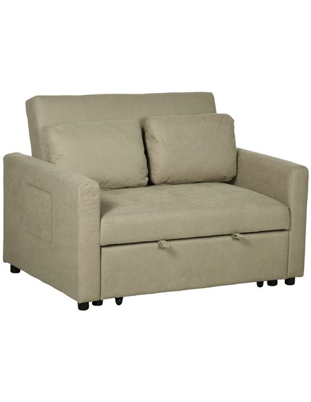 HOMCOM Loveseat Sofa Bed, Convertible Bed Settee with 2 Cushions, Side Pockets for Living Room, Light Brown