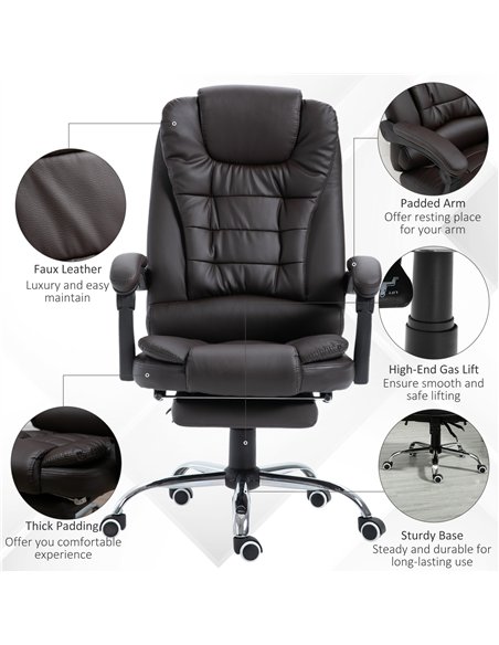 HOMCOM PU Leather Executive Office Chair, High Back Swivel Chair with Retractable Footrest, Adjustable Height, Reclining Functio