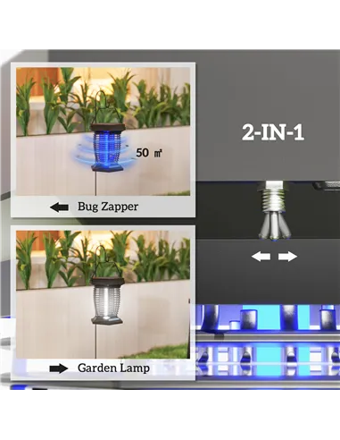 Outsunny 2-in-1 Electric Fly Zapper with UVA Light, Hanging Garden Lantern, Solar and USB-DC Rechargeable Insect Mosquito Bug Za