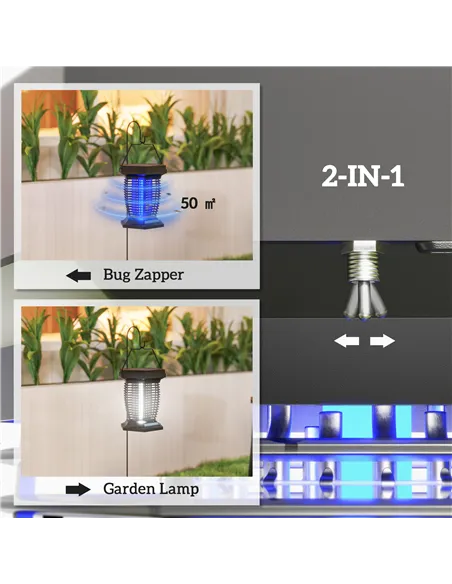 Outsunny 2-in-1 Electric Fly Zapper with UVA Light, Hanging Garden Lantern, Solar and USB-DC Rechargeable Insect Mosquito Bug Za