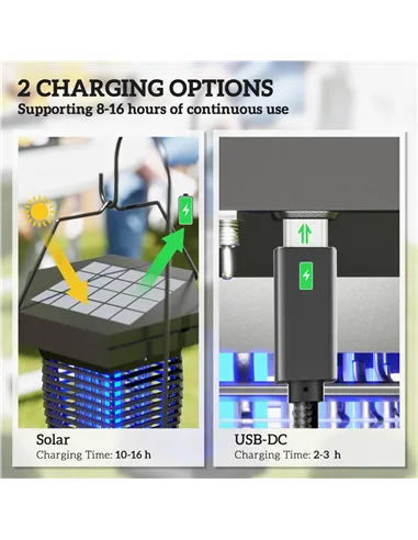 Outsunny 2-in-1 Electric Fly Zapper with UVA Light, Hanging Garden Lantern, Solar and USB-DC Rechargeable Insect Mosquito Bug Za