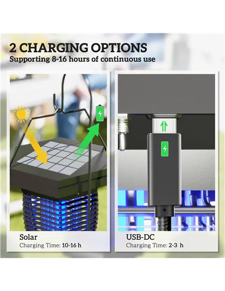 Outsunny 2-in-1 Electric Fly Zapper with UVA Light, Hanging Garden Lantern, Solar and USB-DC Rechargeable Insect Mosquito Bug Za