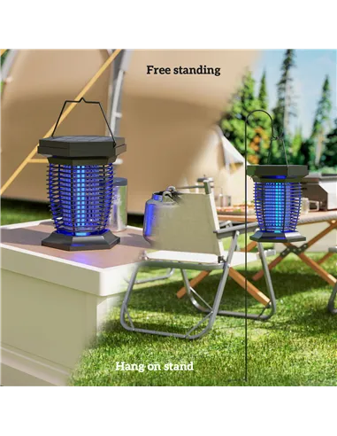 Outsunny 2-in-1 Electric Fly Zapper with UVA Light, Hanging Garden Lantern, Solar and USB-DC Rechargeable Insect Mosquito Bug Za