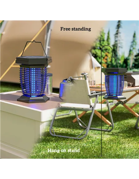 Outsunny 2-in-1 Electric Fly Zapper with UVA Light, Hanging Garden Lantern, Solar and USB-DC Rechargeable Insect Mosquito Bug Za