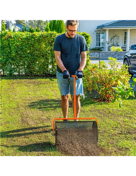 Outsunny Compost Spreader, 24" Peat Moss Spreader with Height Adjustable T Shaped Handle and Metal Mesh Basket, Garden Spreader 