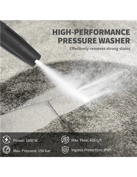 Outsunny 1800W High Pressure Washer, 150 Bar Pressure, 420 L/h Flow, Portable Power Washer Jet Wash Cleaner with Adjustable Nozz