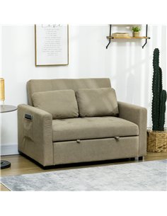 HOMCOM Loveseat Sofa Bed, Convertible Bed Settee with 2 Cushions, Side Pockets for Living Room, Light Brown 2