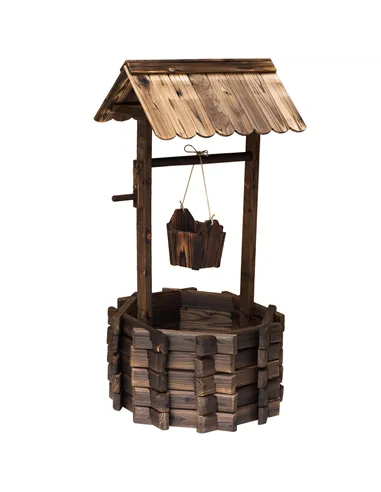 Outsunny Wooden Wishing Well Planter Outdoor Flower Pot Backyard Garden Decor w/ Bucket