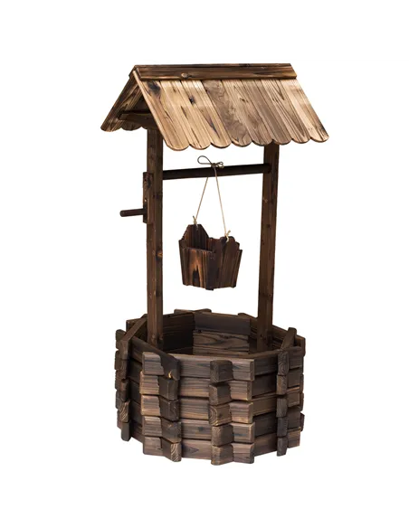 Outsunny Wooden Wishing Well Planter Outdoor Flower Pot Backyard Garden Decor w/ Bucket
