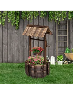Outsunny Wooden Wishing Well Planter Outdoor Flower Pot Backyard Garden Decor w/ Bucket 2