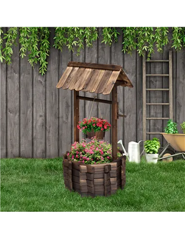 Outsunny Wooden Wishing Well Planter Outdoor Flower Pot Backyard Garden Decor w/ Bucket