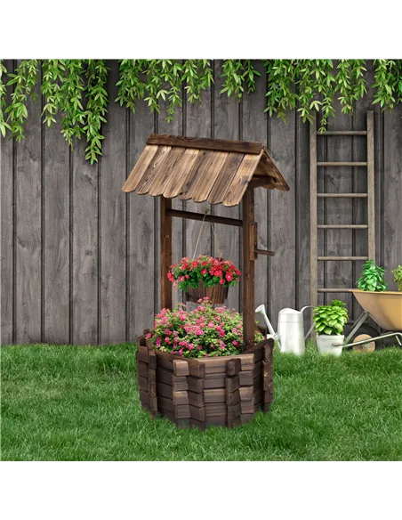 Outsunny Wooden Wishing Well Planter Outdoor Flower Pot Backyard Garden Decor w/ Bucket