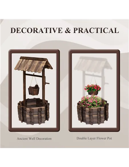 Outsunny Wooden Wishing Well Planter Outdoor Flower Pot Backyard Garden Decor w/ Bucket