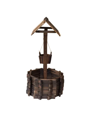 Outsunny Wooden Wishing Well Planter Outdoor Flower Pot Backyard Garden Decor w/ Bucket