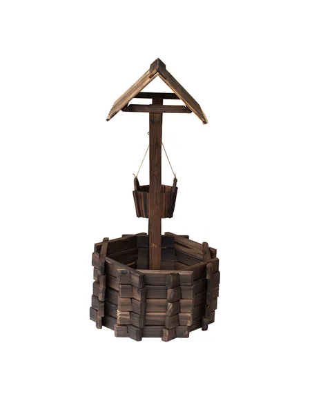 Outsunny Wooden Wishing Well Planter Outdoor Flower Pot Backyard Garden Decor w/ Bucket