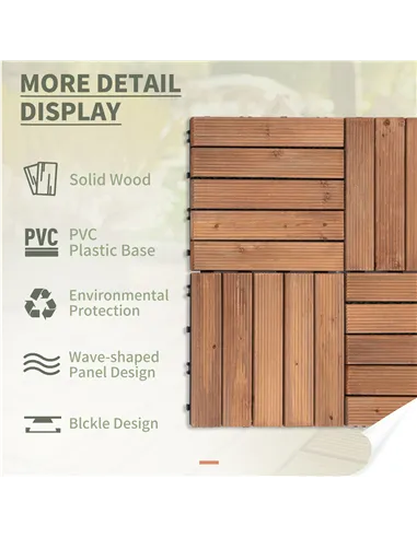 Outsunny 27 Pcs Solid Wood Interlocking Decking Tiles For Patio, Balcony, Roof Terrace, Hot Tub, Brown, (30 x 30 cm Per Piece)