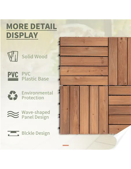 Outsunny 27 Pcs Solid Wood Interlocking Decking Tiles For Patio, Balcony, Roof Terrace, Hot Tub, Brown, (30 x 30 cm Per Piece)