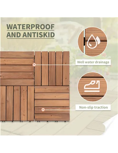 Outsunny 27 Pcs Solid Wood Interlocking Decking Tiles For Patio, Balcony, Roof Terrace, Hot Tub, Brown, (30 x 30 cm Per Piece)