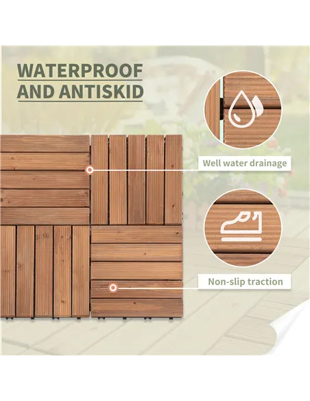 Outsunny 27 Pcs Solid Wood Interlocking Decking Tiles For Patio, Balcony, Roof Terrace, Hot Tub, Brown, (30 x 30 cm Per Piece)