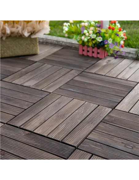 Outsunny 27 Pcs Solid Wood Interlocking Decking Tiles For Patio, Balcony, Roof Terrace, Hot Tub, Black, (30 x 30 cm Per Piece)