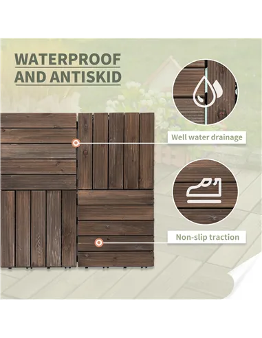 Outsunny 27 Pcs Solid Wood Interlocking Decking Tiles For Patio, Balcony, Roof Terrace, Hot Tub, Black, (30 x 30 cm Per Piece)