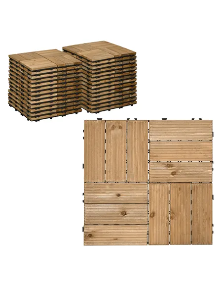 Outsunny 27 Pcs Wooden Interlocking Decking Tiles, Outdoor Flooring Tiles for Patio, Balcony, Terrace, Hot Tub, 30 x 30 cm per P