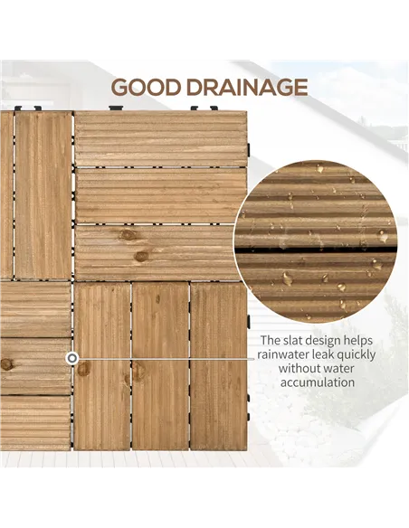 Outsunny 27 Pcs Wooden Interlocking Decking Tiles, Outdoor Flooring Tiles for Patio, Balcony, Terrace, Hot Tub, 30 x 30 cm per P