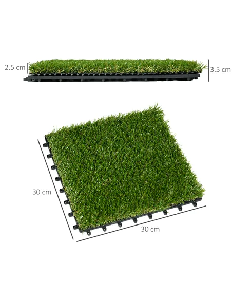 Outsunny 10 PCs 30 x 30cm Artificial Grass Turf, 25mm Pile Height Grass Carpet Fake Grass Mat UV Resistance for Outdoor