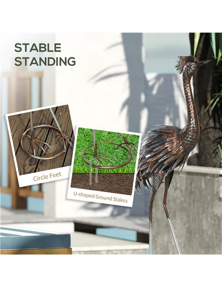 Outsunny Heron Garden Statue, Standing Garden Ornament, Metal Garden Gift with Stakes for Patio Pond Landscape Decoration, Silve