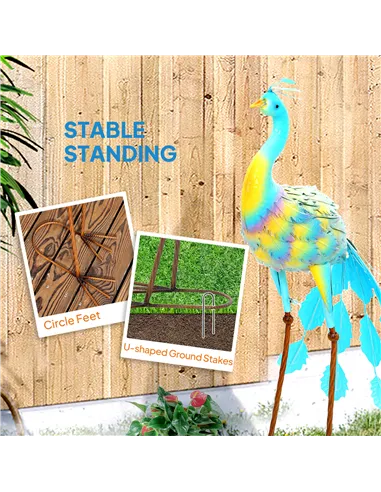Outsunny Peacock Garden Statue, Standing Garden Ornament, Metal Garden Gift with Stakes for Patio Pond Landscape Decoration, Mul