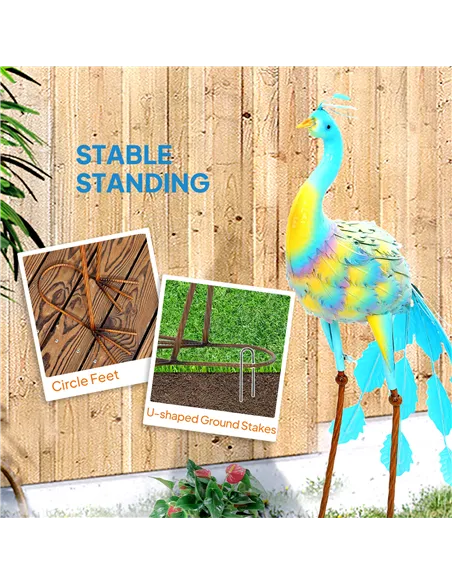 Outsunny Peacock Garden Statue, Standing Garden Ornament, Metal Garden Gift with Stakes for Patio Pond Landscape Decoration, Mul