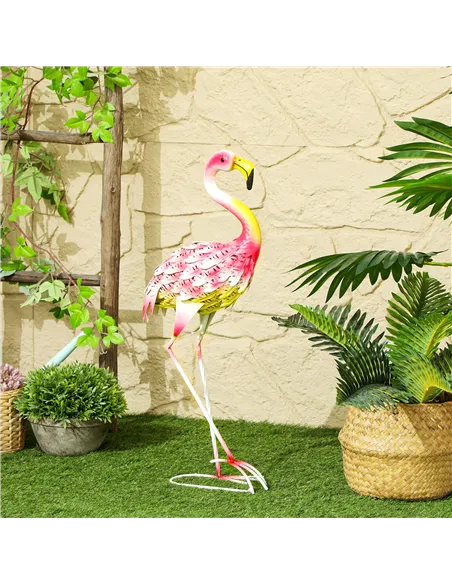 Outsunny Flamingo Garden Statue Ornament, Metal Bird Art Outdoor Statue, Standing Garden Sculpture Gift with Ground Stakes for P