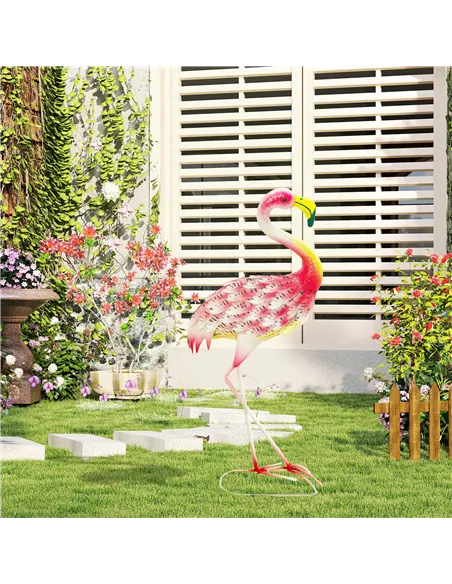 Outsunny Flamingo Garden Statue Ornament, Metal Bird Art Outdoor Statue, Standing Garden Sculpture Gift with Ground Stakes for P