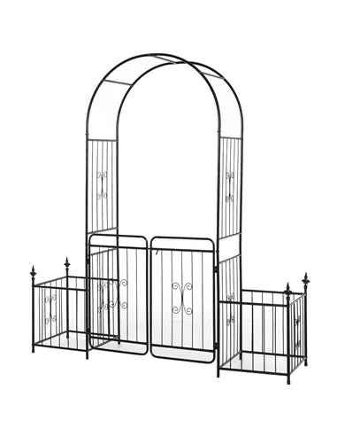 Outsunny Metal Garden Arbor Arch with Double Doors, 2 Side Planter Baskets, Climbing Vine Frame, Black