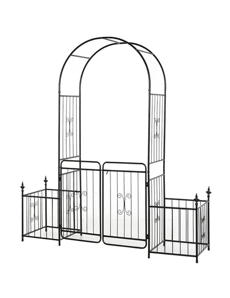 Outsunny Metal Garden Arbor Arch with Double Doors, 2 Side Planter Baskets, Climbing Vine Frame, Black