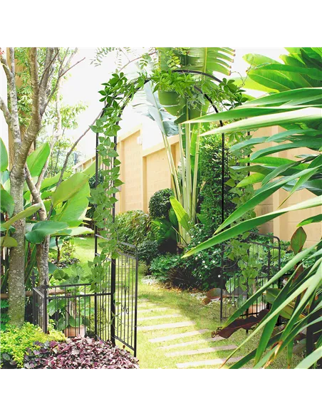 Outsunny Metal Garden Arbor Arch with Double Doors, 2 Side Planter Baskets, Climbing Vine Frame, Black