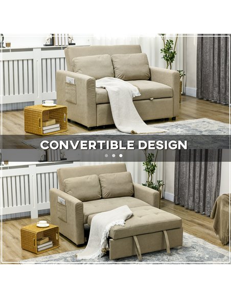 HOMCOM Loveseat Sofa Bed, Convertible Bed Settee with 2 Cushions, Side Pockets for Living Room, Light Brown