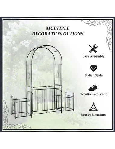 Outsunny Metal Garden Arbor Arch with Double Doors, 2 Side Planter Baskets, Climbing Vine Frame, Black