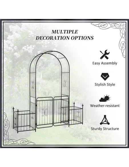 Outsunny Metal Garden Arbor Arch with Double Doors, 2 Side Planter Baskets, Climbing Vine Frame, Black