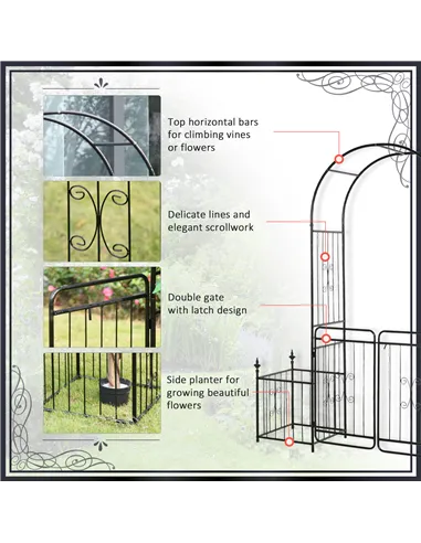 Outsunny Metal Garden Arbor Arch with Double Doors, 2 Side Planter Baskets, Climbing Vine Frame, Black