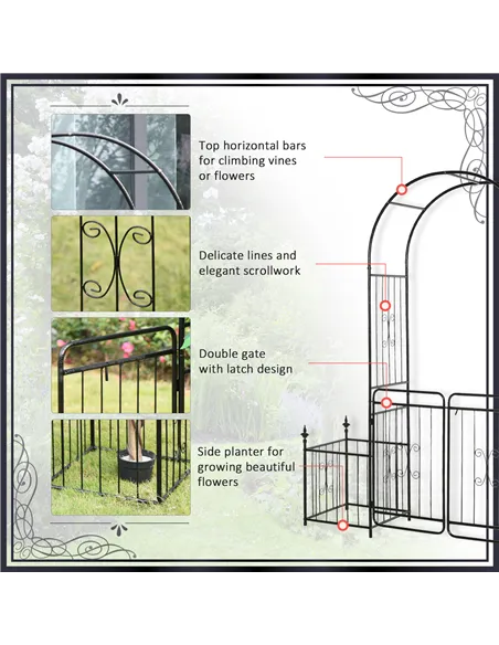 Outsunny Metal Garden Arbor Arch with Double Doors, 2 Side Planter Baskets, Climbing Vine Frame, Black