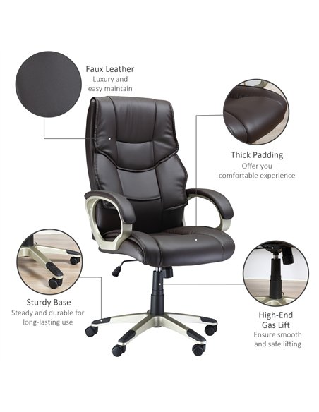 HOMCOM Home Office Chair High Back Computer Desk Chair with Faux Leather Adjustable Height Rocking Function Brown