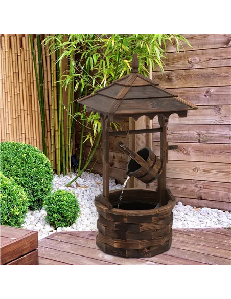 Outsunny Wooden Garden Wishing Well Fountain Barrel Waterfall Rustic Wood with Pump Garden Décor Ornament
