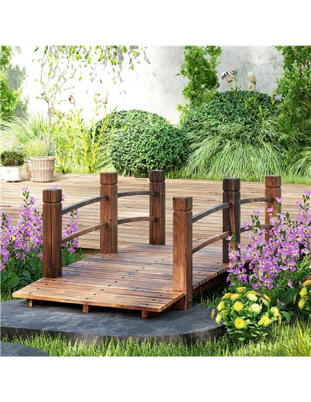 Outsunny 1.5M Wooden Garden Bridge Lawn Décor Stained Finish Arc Outdoor Pond Walkway w/ Railings Water Yard Decoration