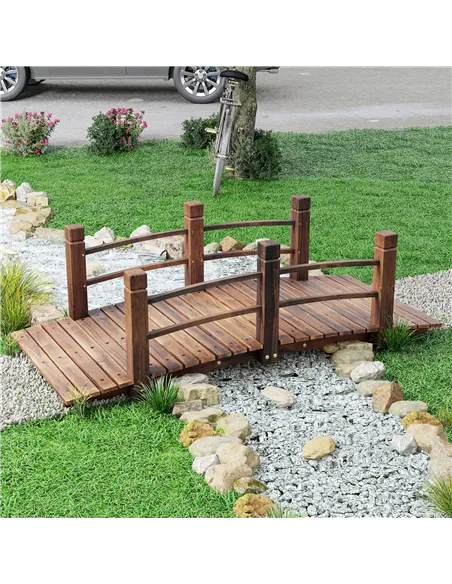 Outsunny 1.5M Wooden Garden Bridge Lawn Décor Stained Finish Arc Outdoor Pond Walkway w/ Railings Water Yard Decoration